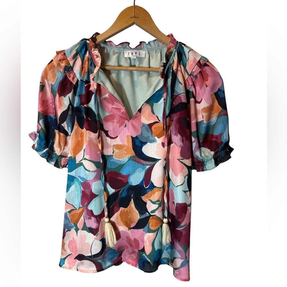 THML Floral Flutter Sleeve Blouse - Size Small - Multi-Color Tassel V-Neck - Picture 2 of 9